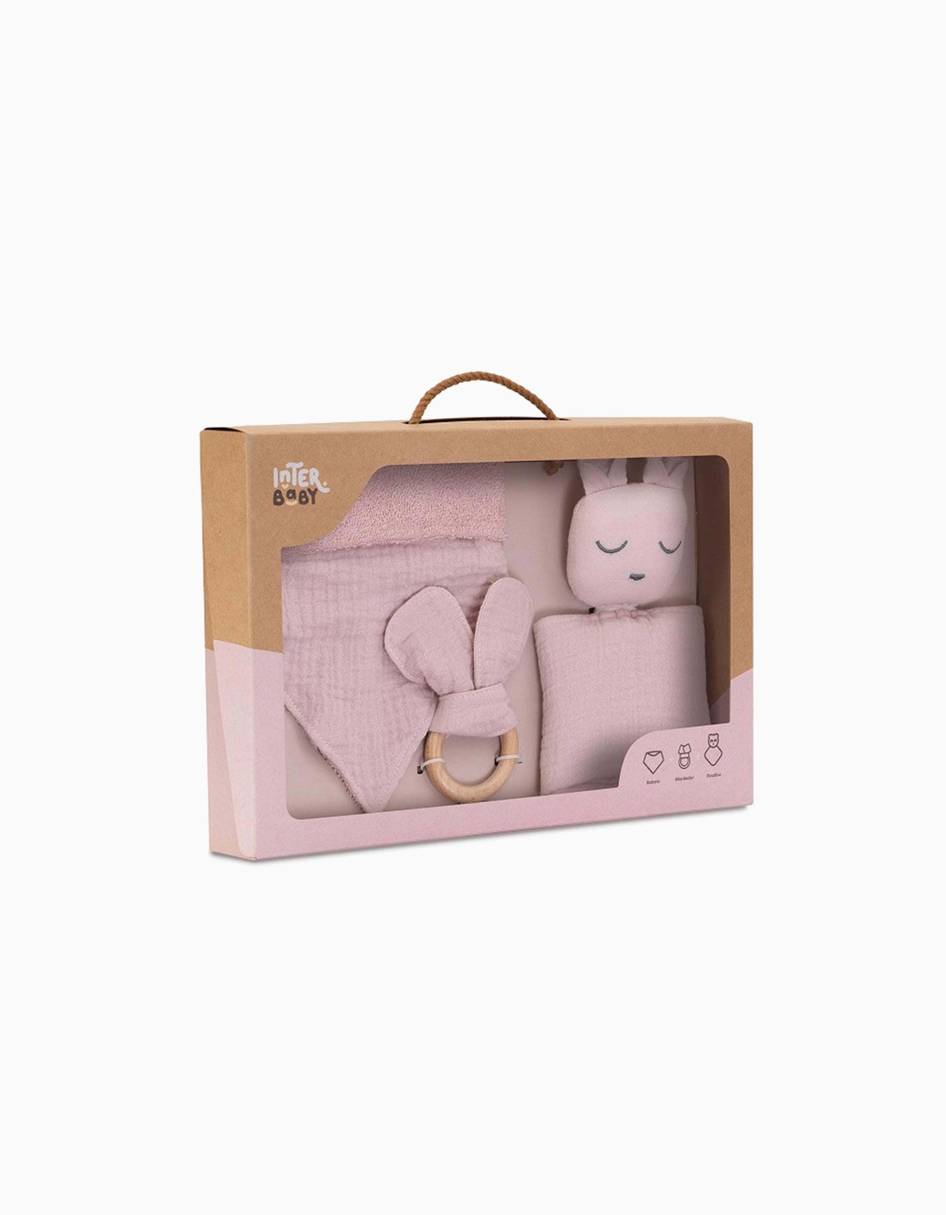 Ensemble Doudou + Bandana + Anneau de Dentition Interbaby 0M+, Rose