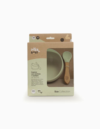 Bowl with Suction Cup + Spoon of Silicone Interbaby 4M+, Green