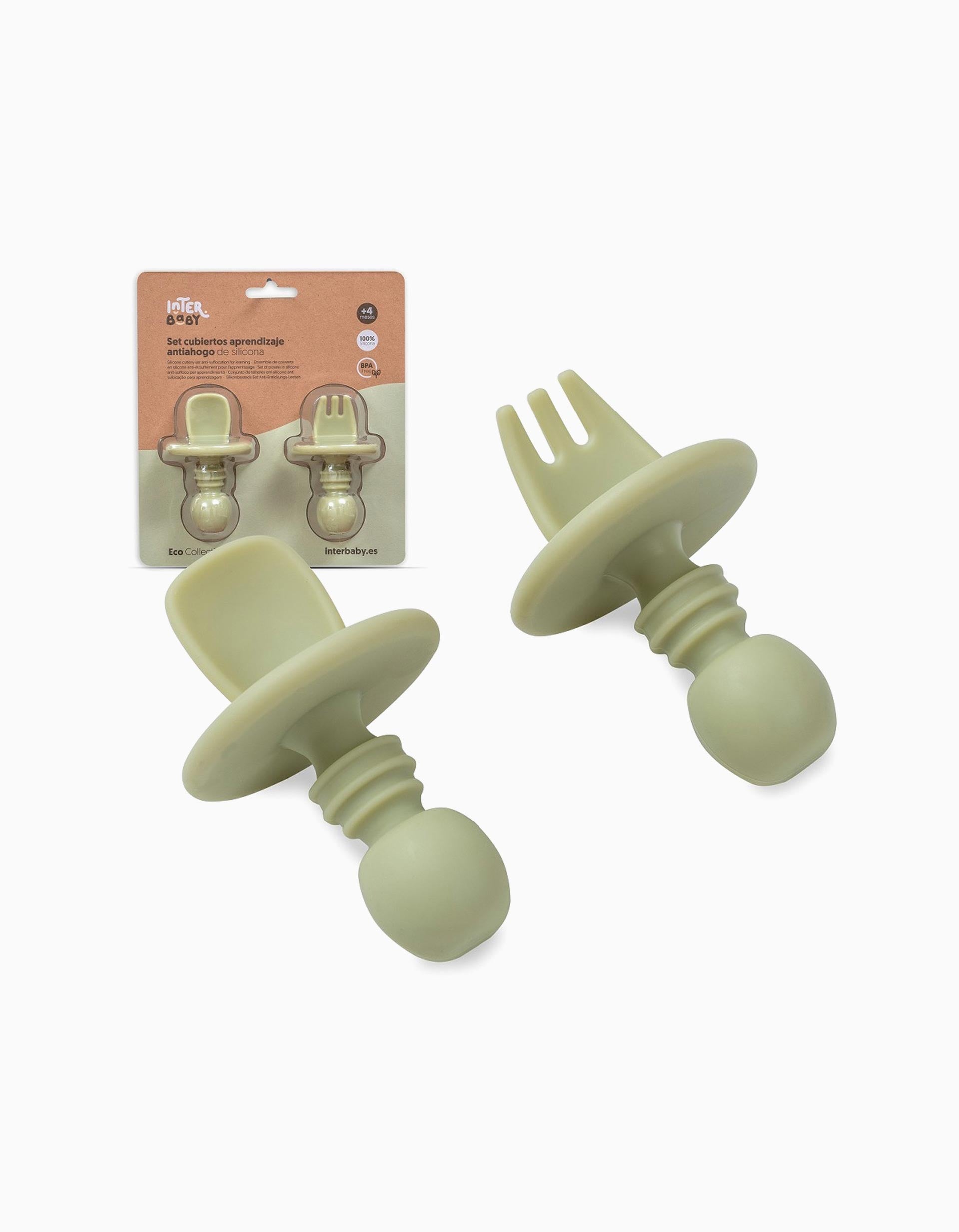 Pack of Silicone Starter Cutlery Anti-Choking Interbaby 4M+, Green