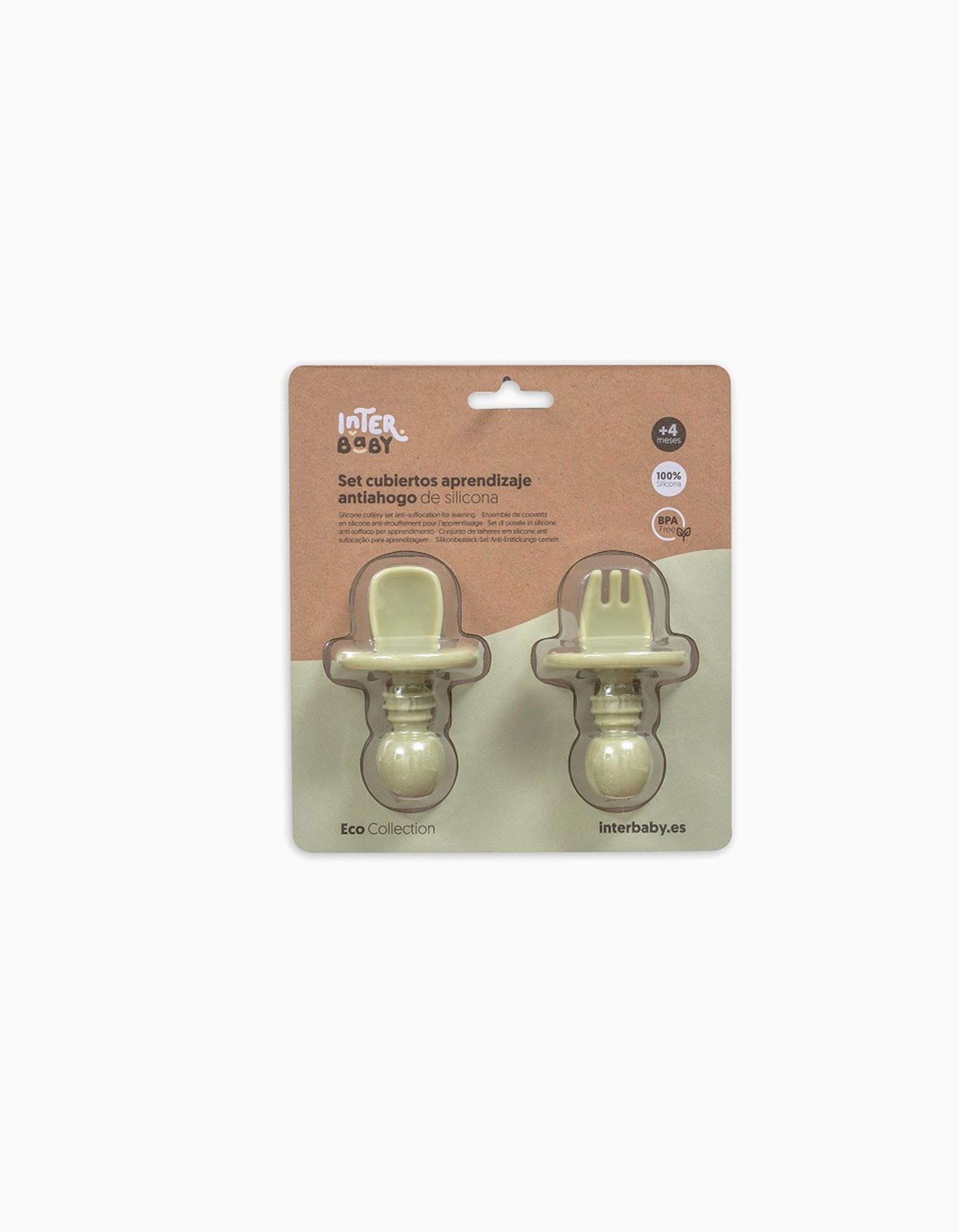 Pack of Silicone Starter Cutlery Anti-Choking Interbaby 4M+, Green