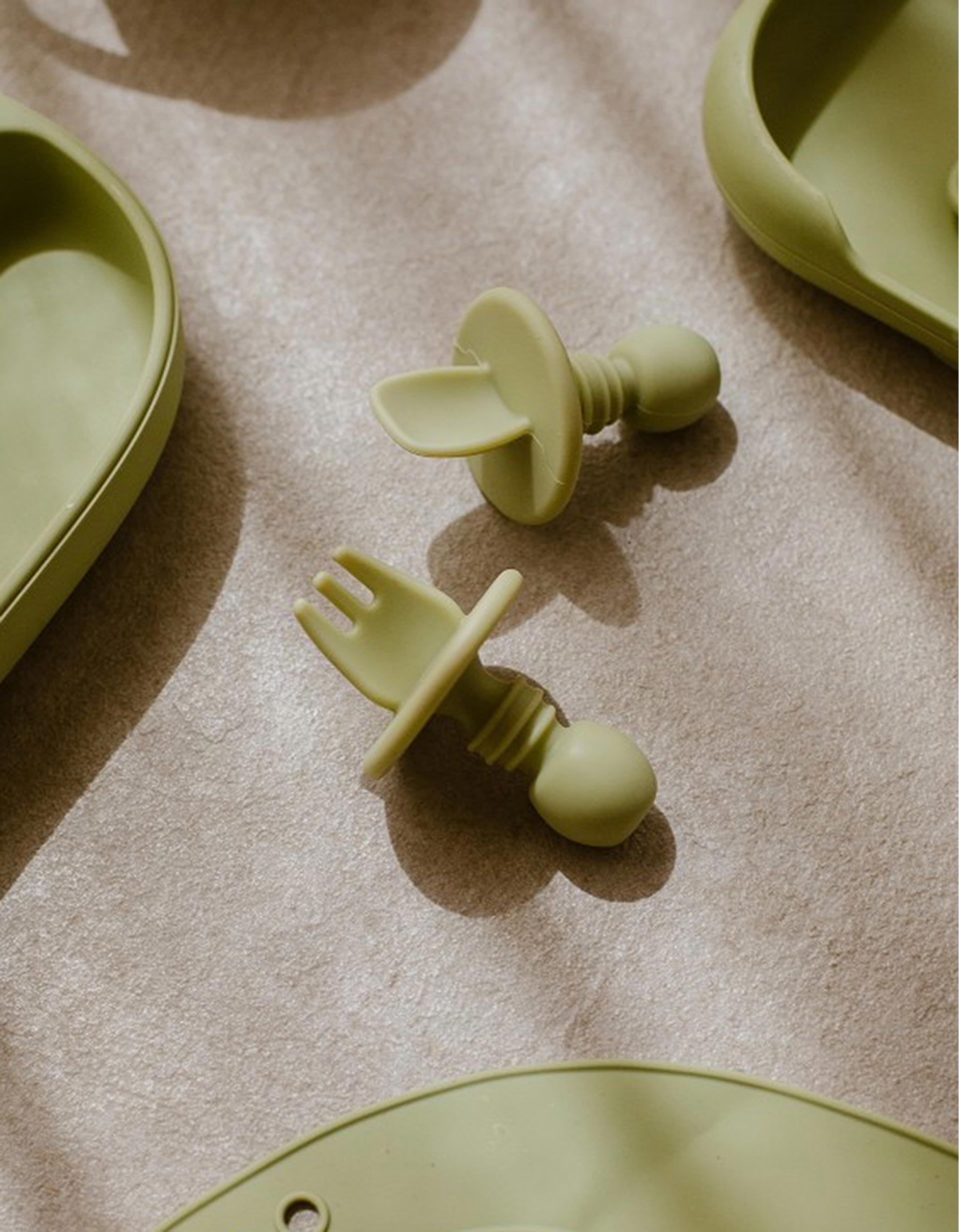 Pack of Silicone Starter Cutlery Anti-Choking Interbaby 4M+, Green