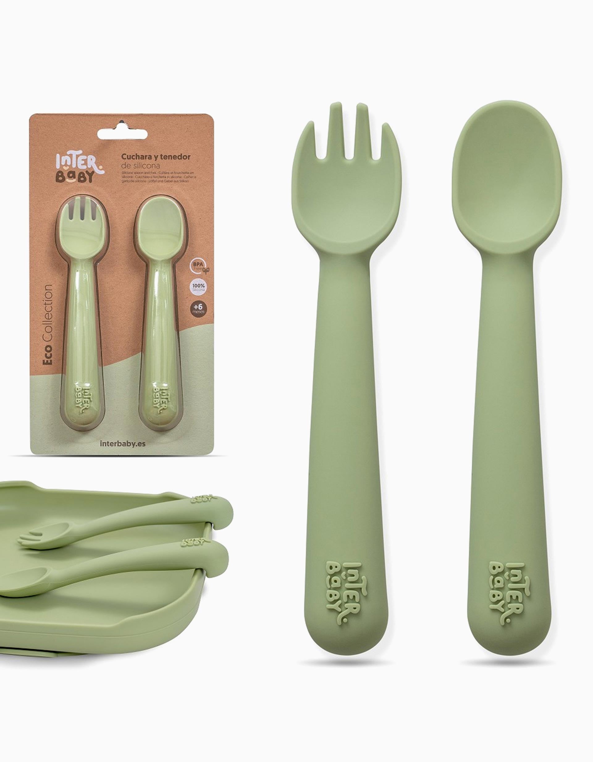 Colher + Garfo de Silicone Interbaby 6M+, Verde
