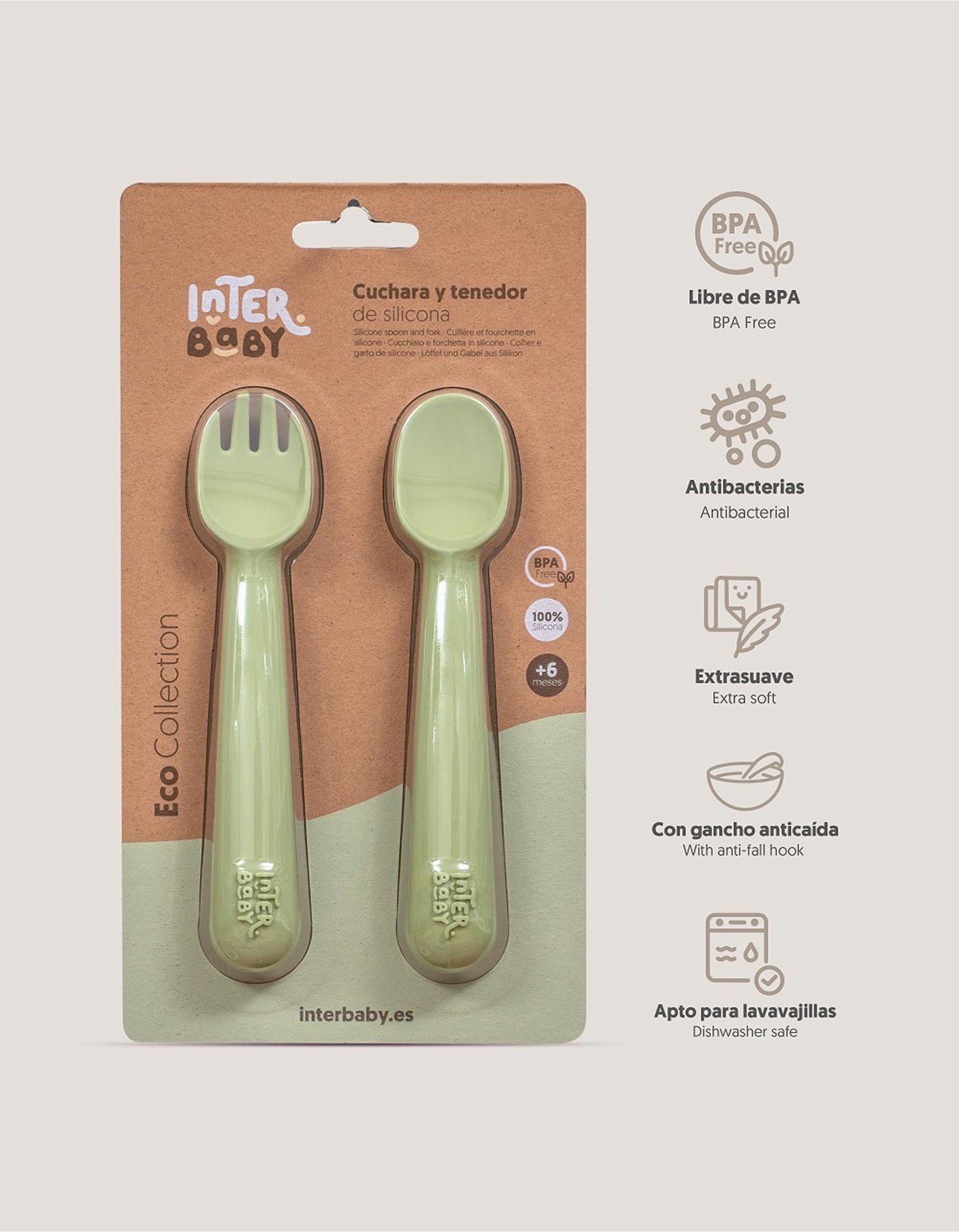 Colher + Garfo de Silicone Interbaby 6M+, Verde