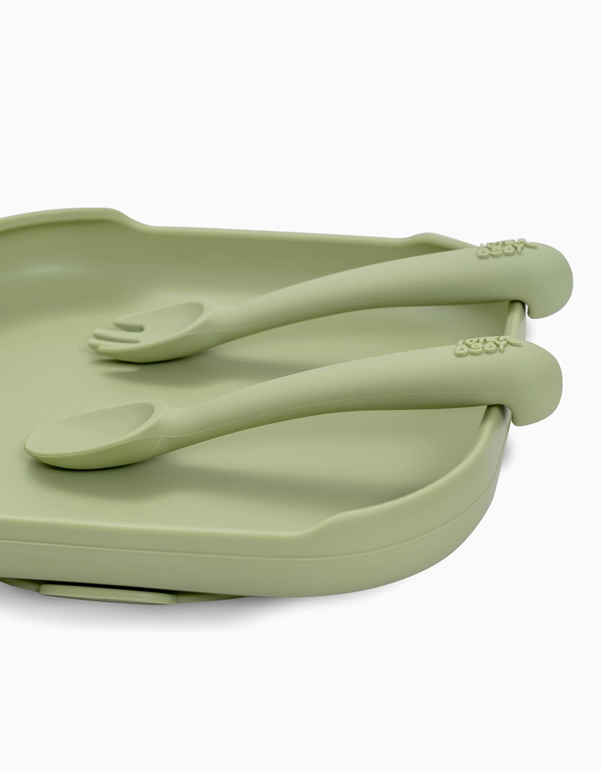 Colher + Garfo de Silicone Interbaby 6M+, Verde