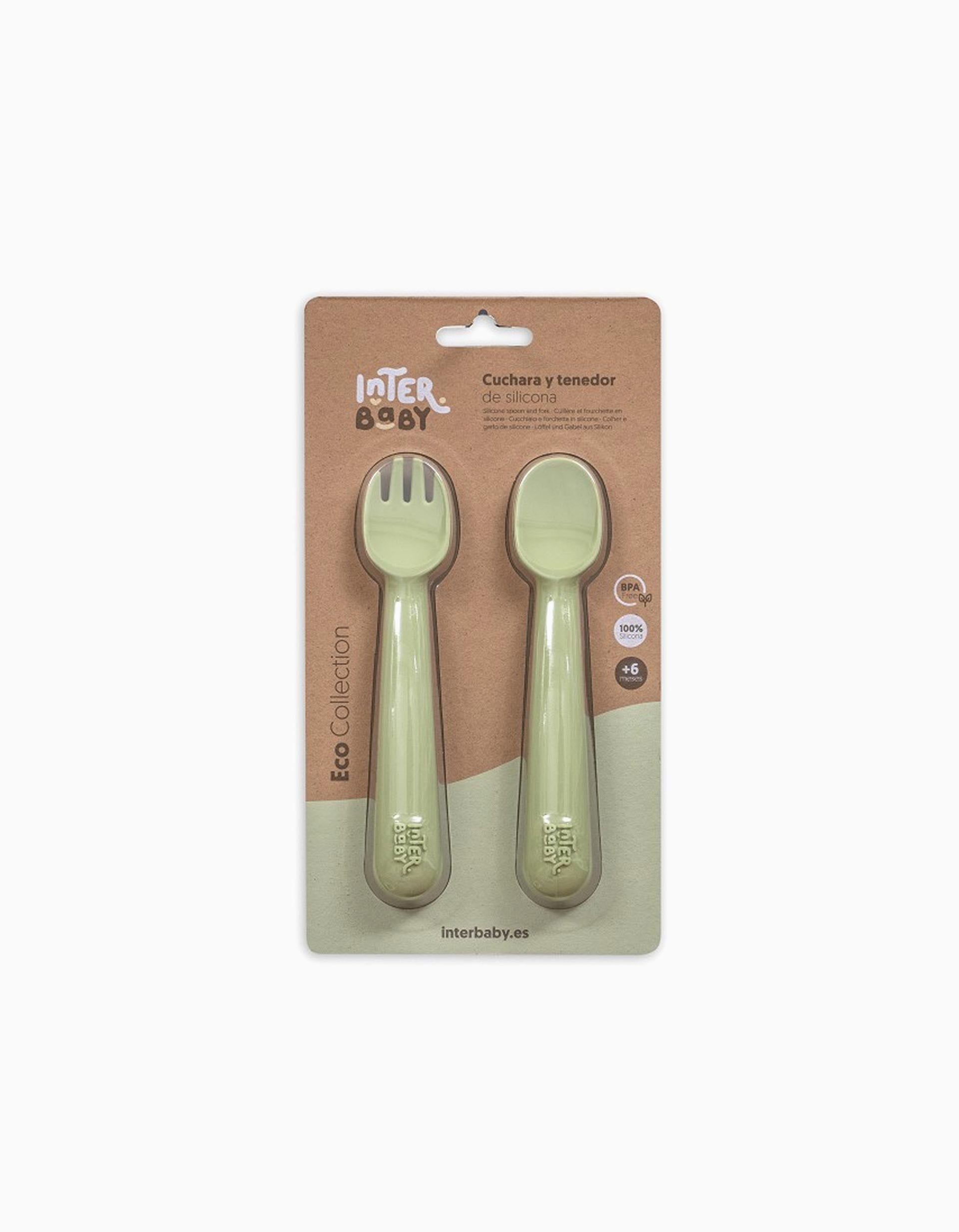 Colher + Garfo de Silicone Interbaby 6M+, Verde