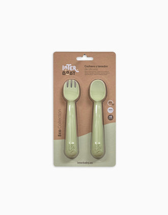 Cuchara + Tenedor de Silicona Interbaby 6M+, Verde