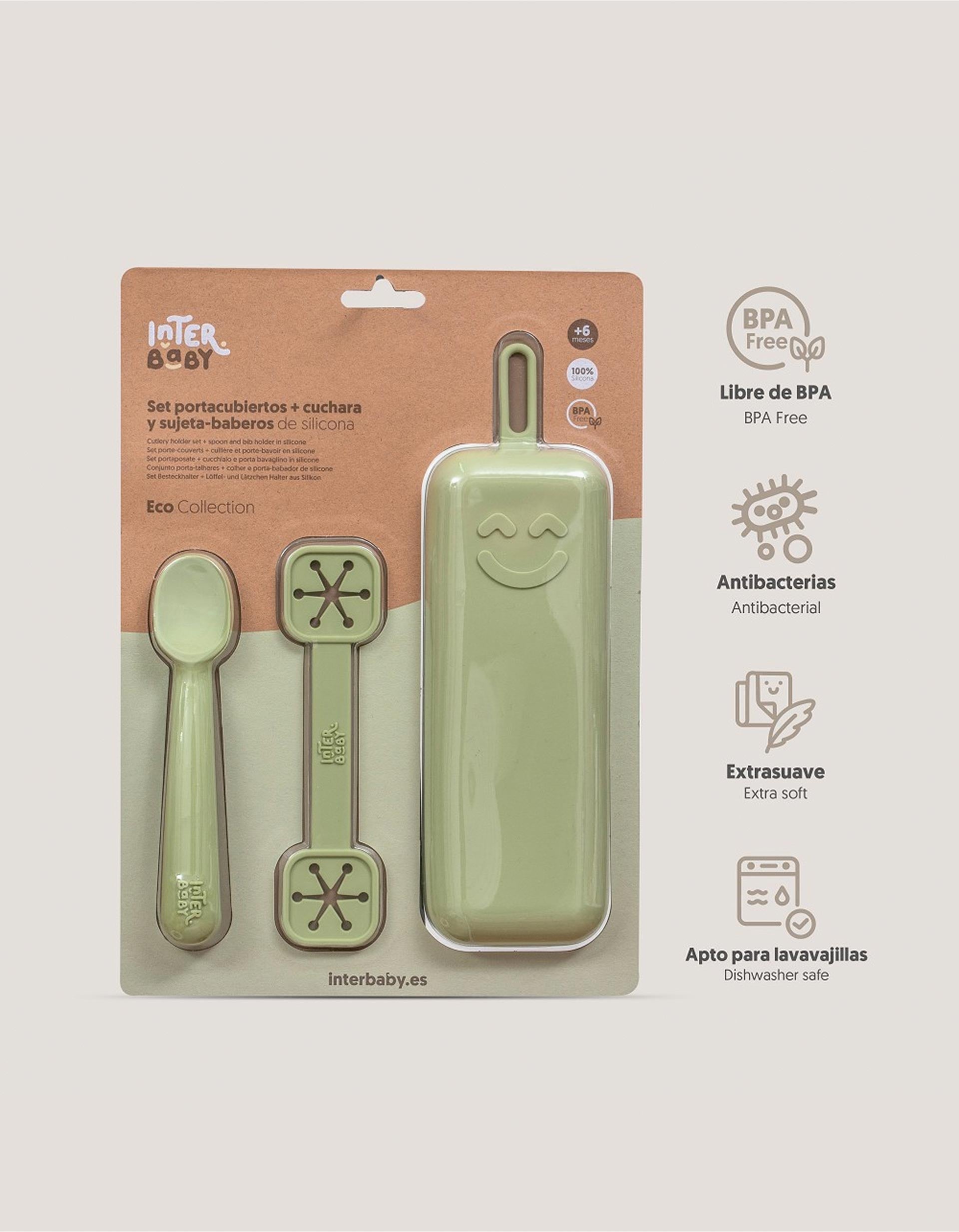 Set of Silicone Case + Spoon + Bib Holder Interbaby 6M+, Green