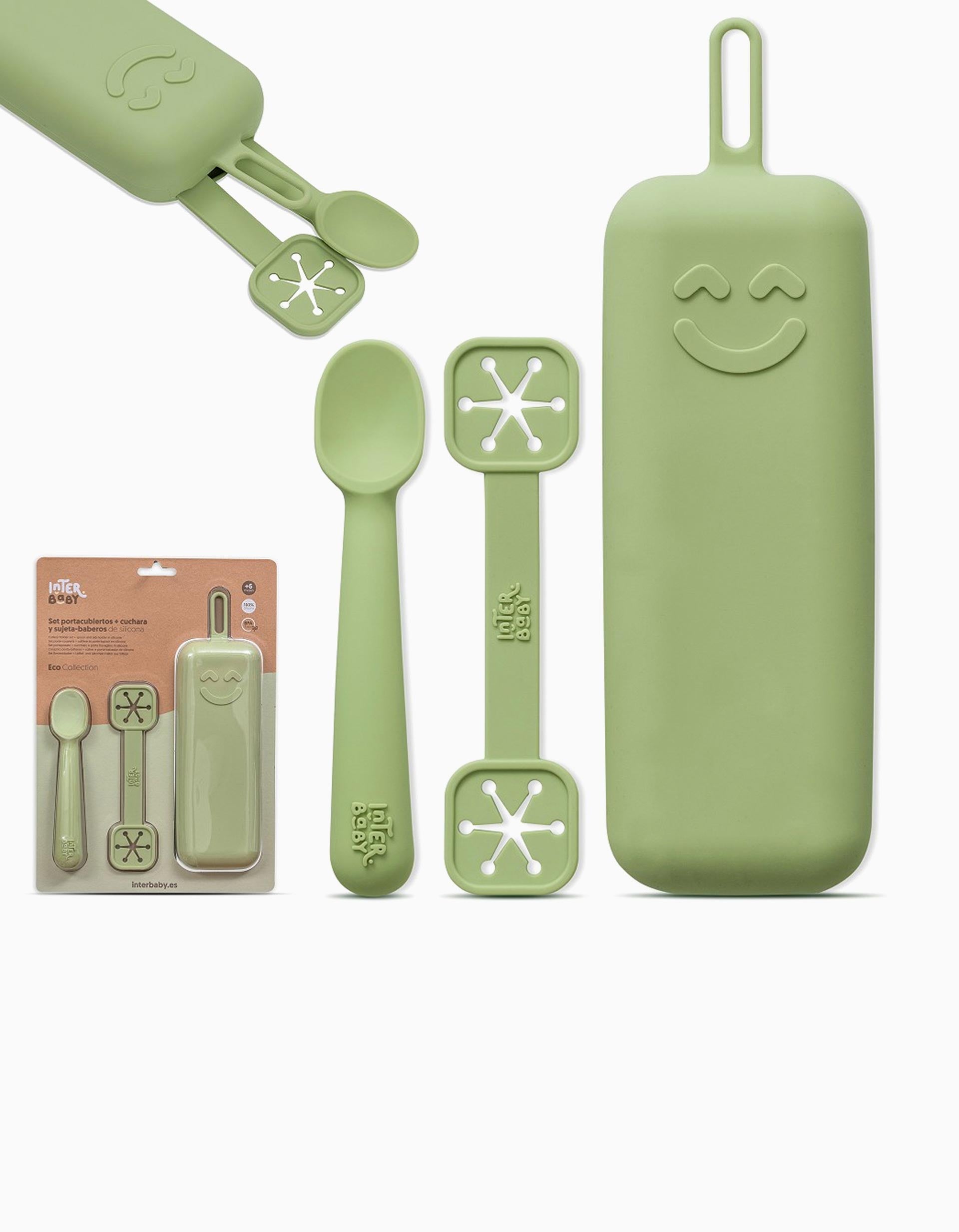 Set of Silicone Case + Spoon + Bib Holder Interbaby 6M+, Green