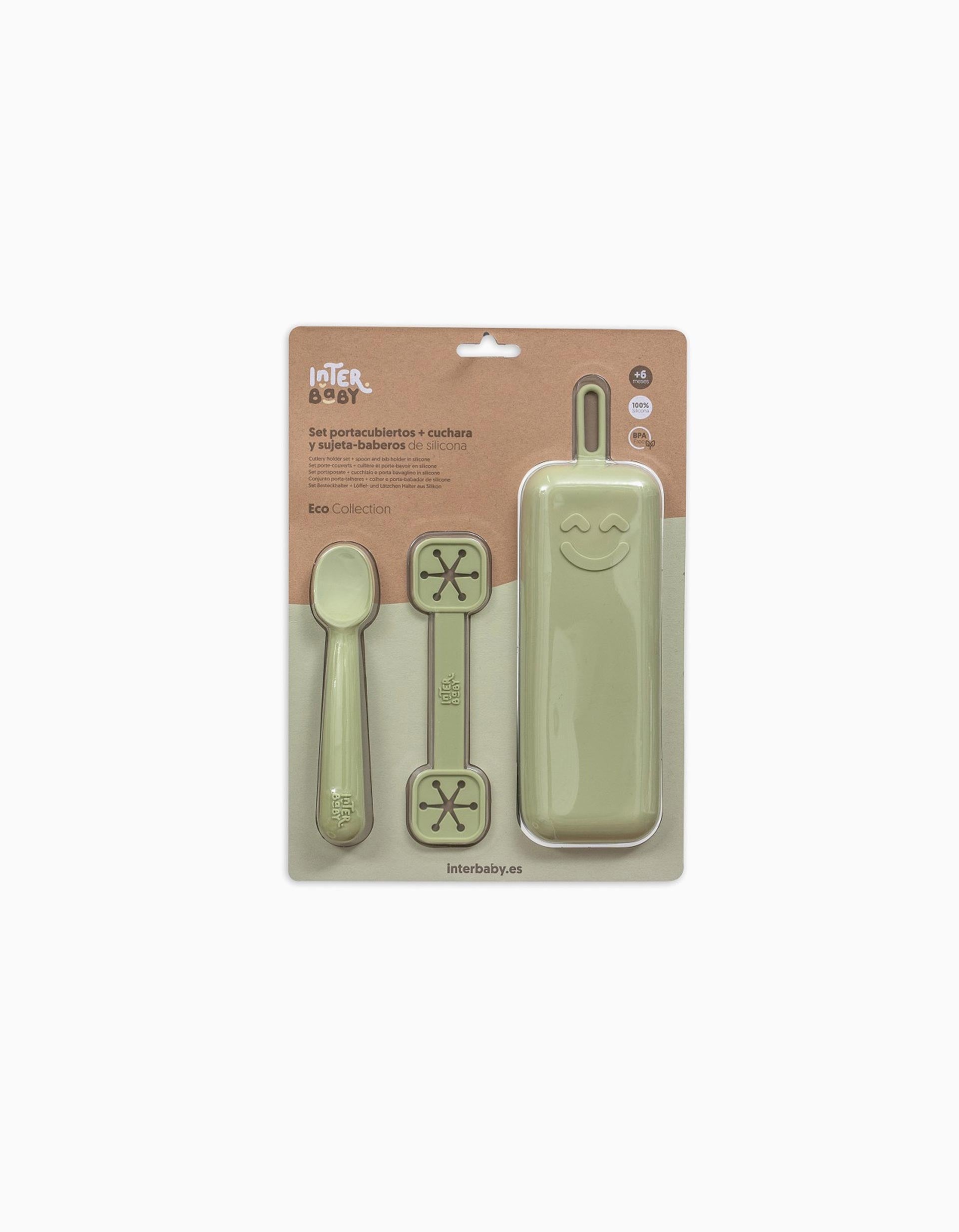 Set of Silicone Case + Spoon + Bib Holder Interbaby 6M+, Green
