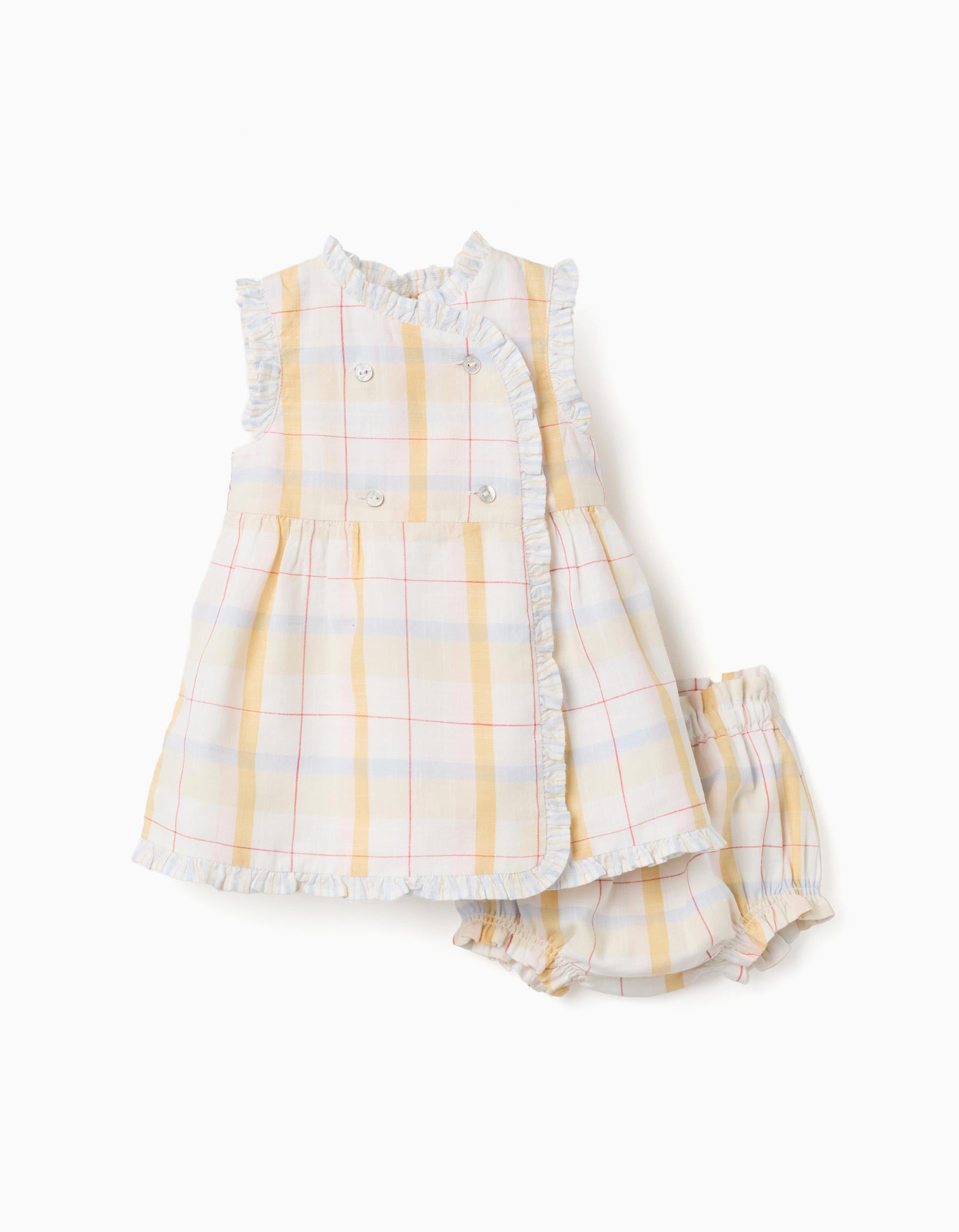 Checked cotton dress + bloomers B&S for newborn girls, multicolour