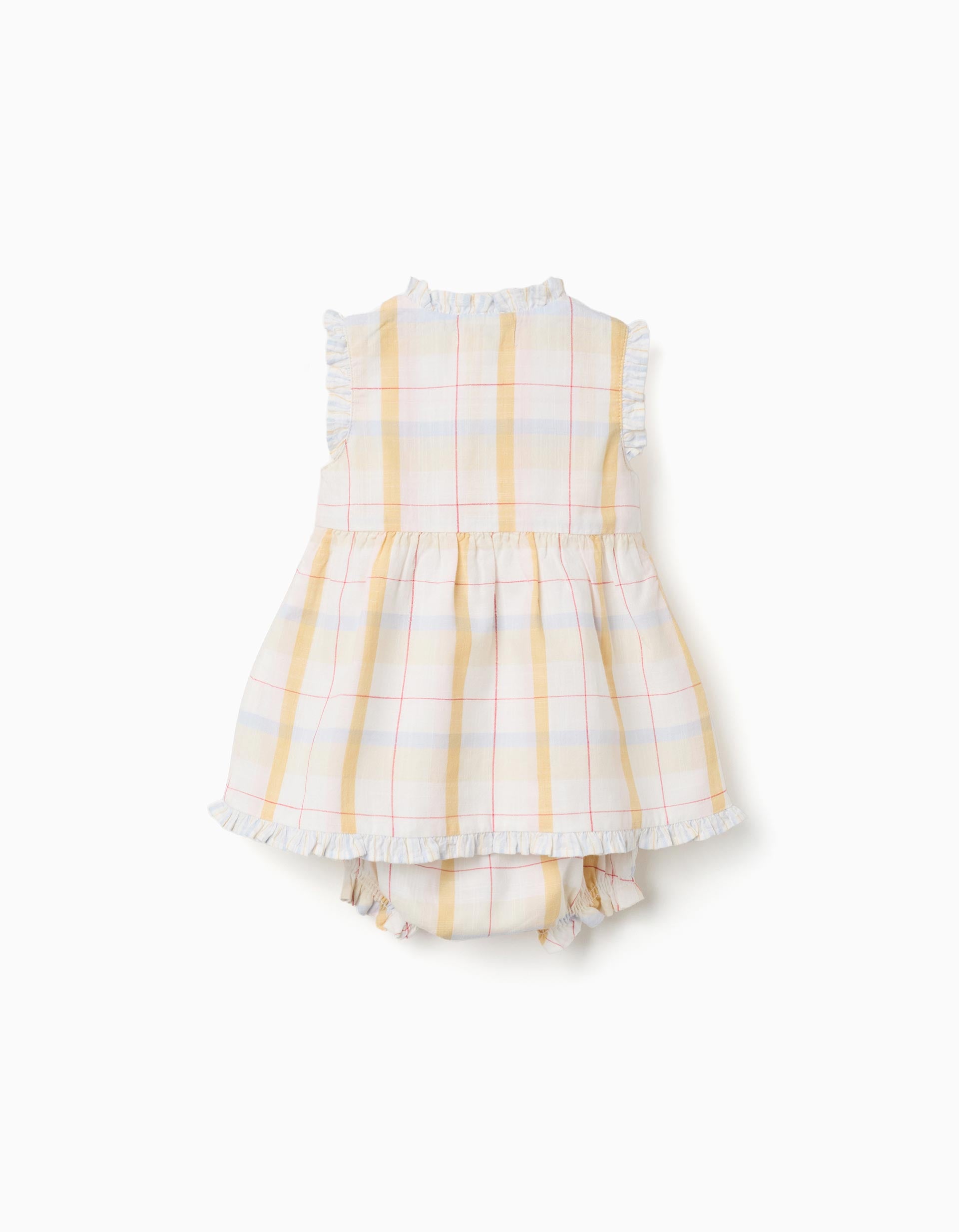 Checked cotton dress + bloomers B&S for newborn girls, multicolour