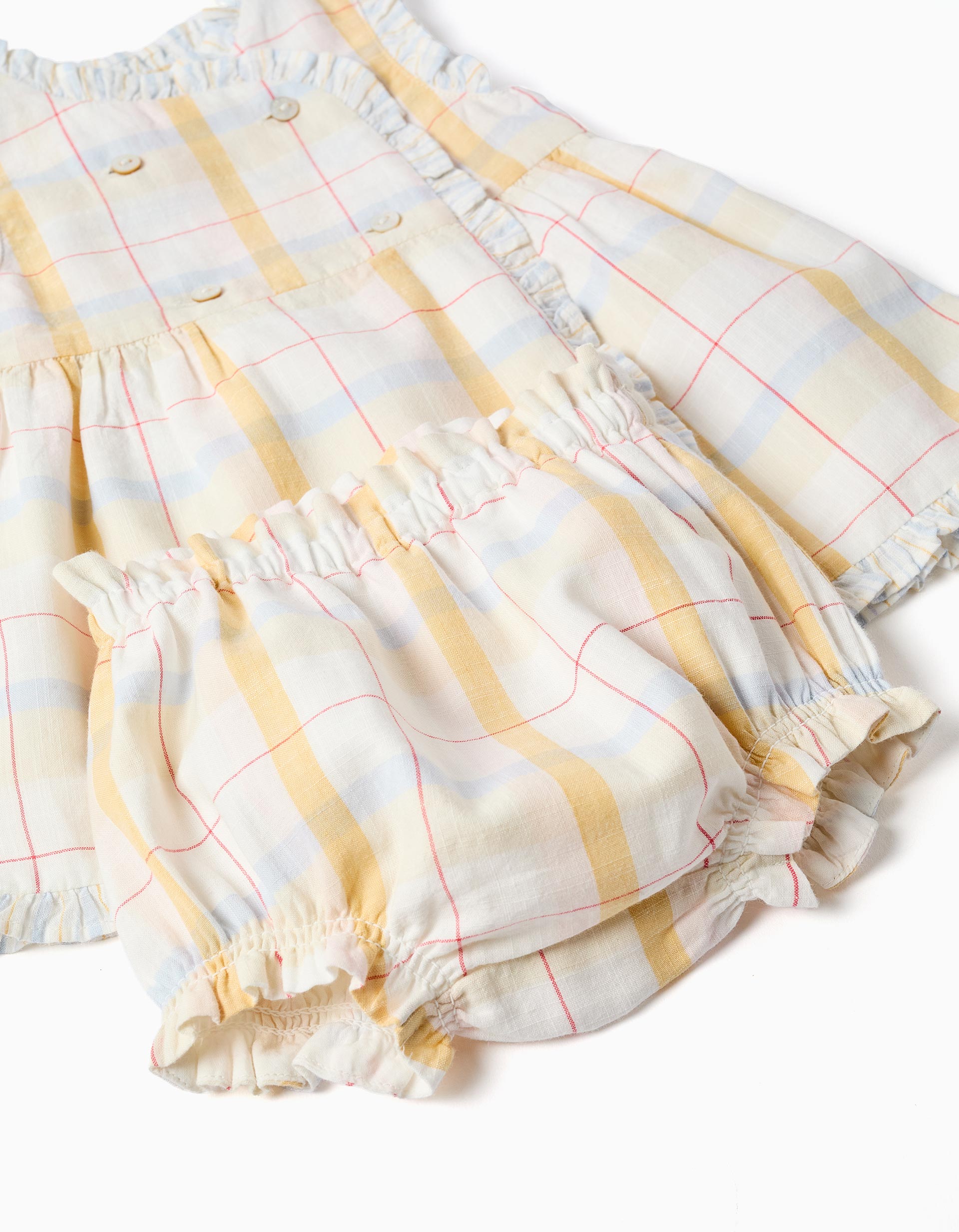 Checked cotton dress + bloomers B&S for newborn girls, multicolour