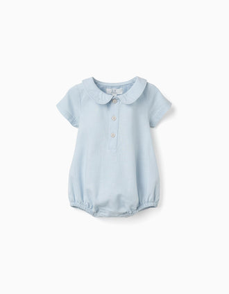 Short sleeve romper in cotton and linen for newborn boys, light blue