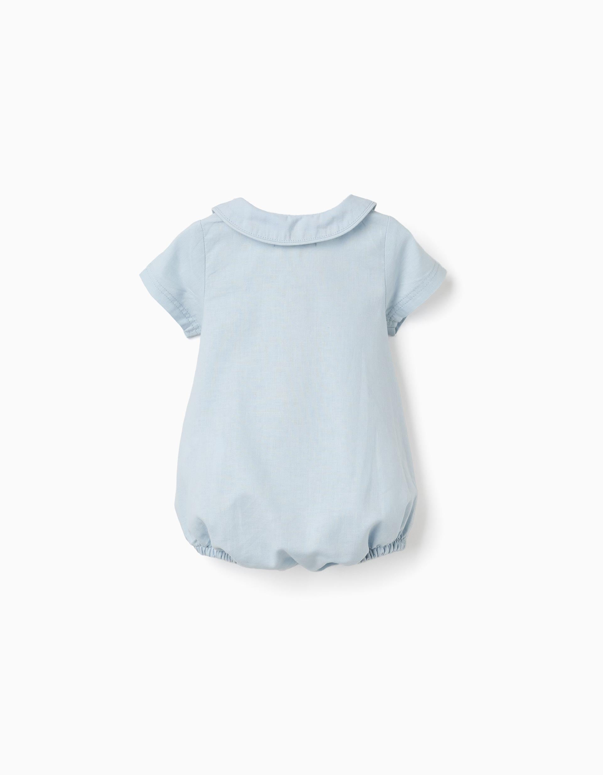 Short sleeve romper in cotton and linen for newborn boys, light blue