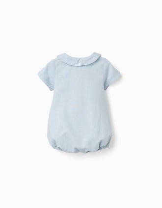 Short sleeve romper in cotton and linen for newborn boys, light blue
