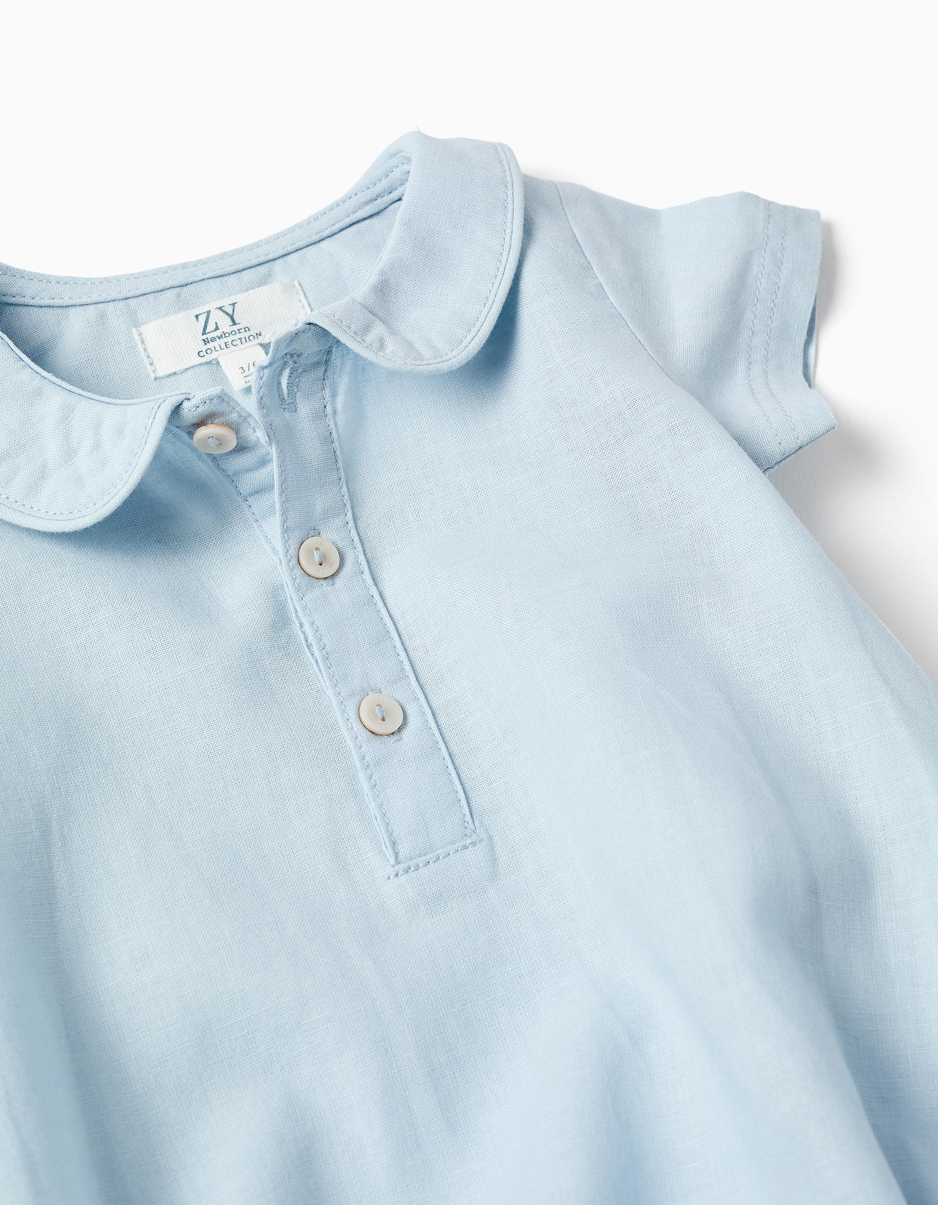 Short sleeve romper in cotton and linen for newborn boys, light blue