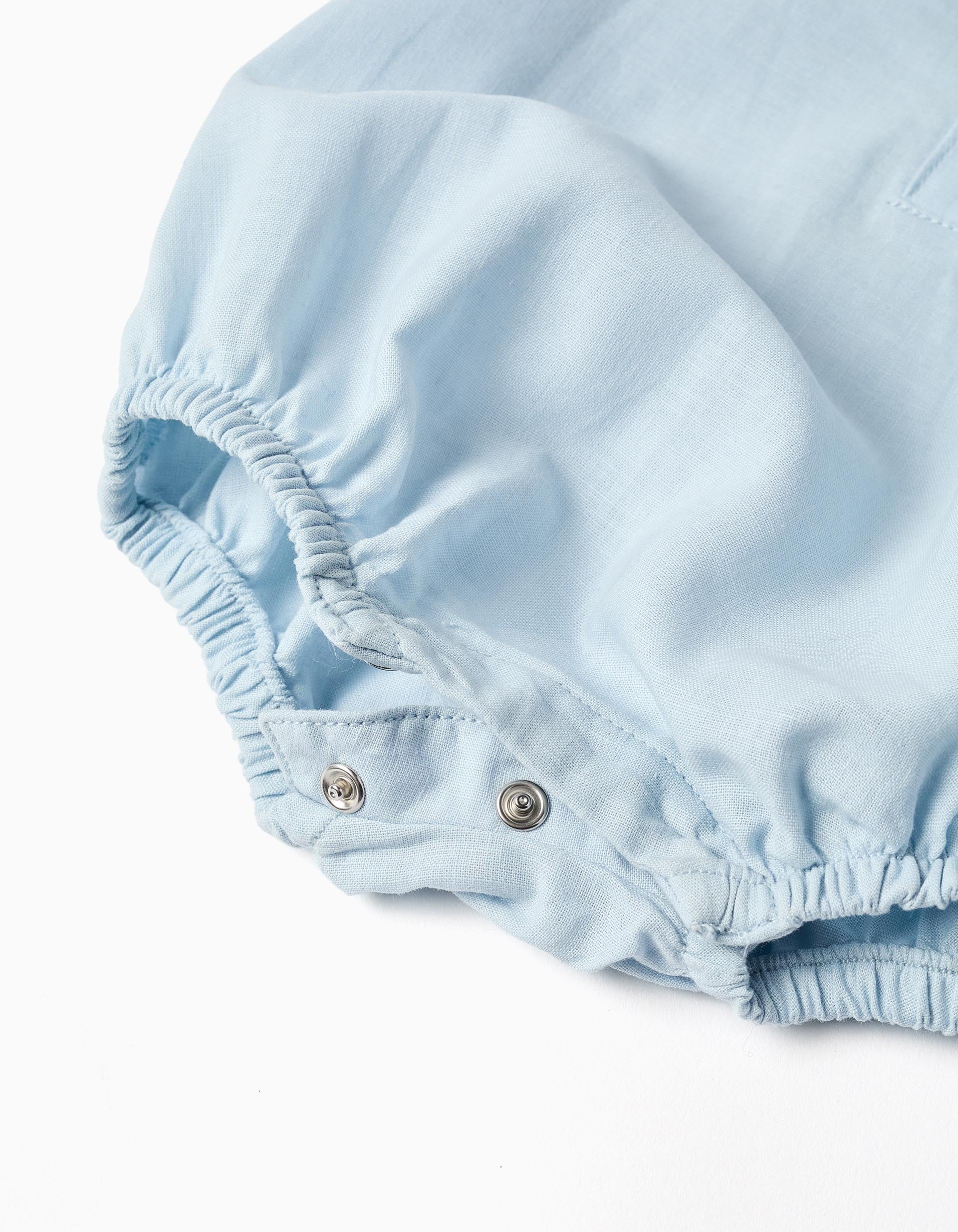 Short sleeve romper in cotton and linen for newborn boys, light blue