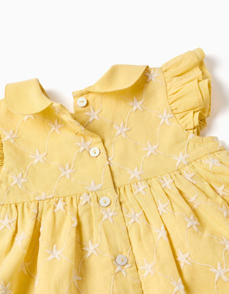 Cotton dress with embroidery and ruffles B&S for newborn girls, yellow