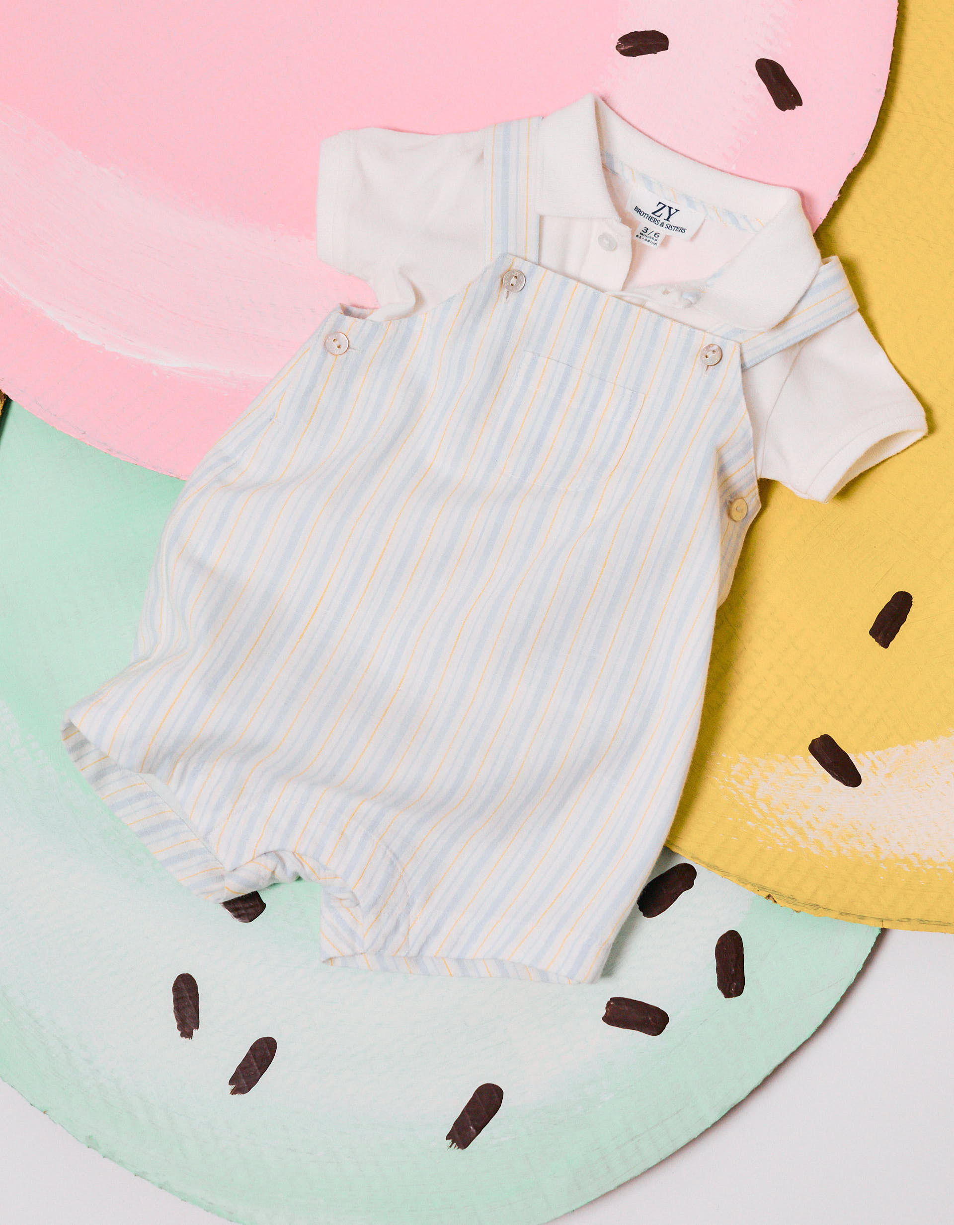 Cotton bodysuit + striped dungarees B&S for newborn boys, white/yellow/blue