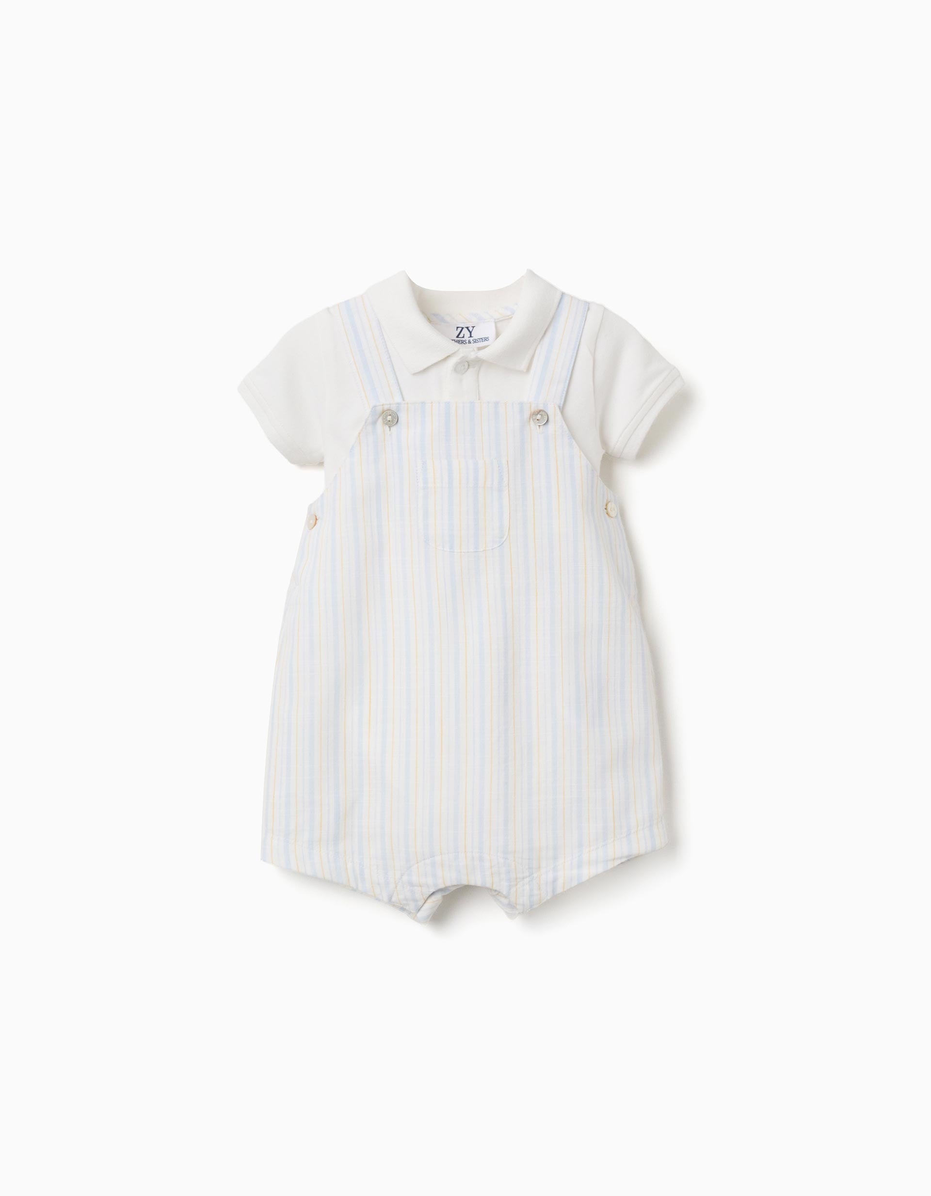 Cotton bodysuit + striped dungarees B&S for newborn boys, white/yellow/blue