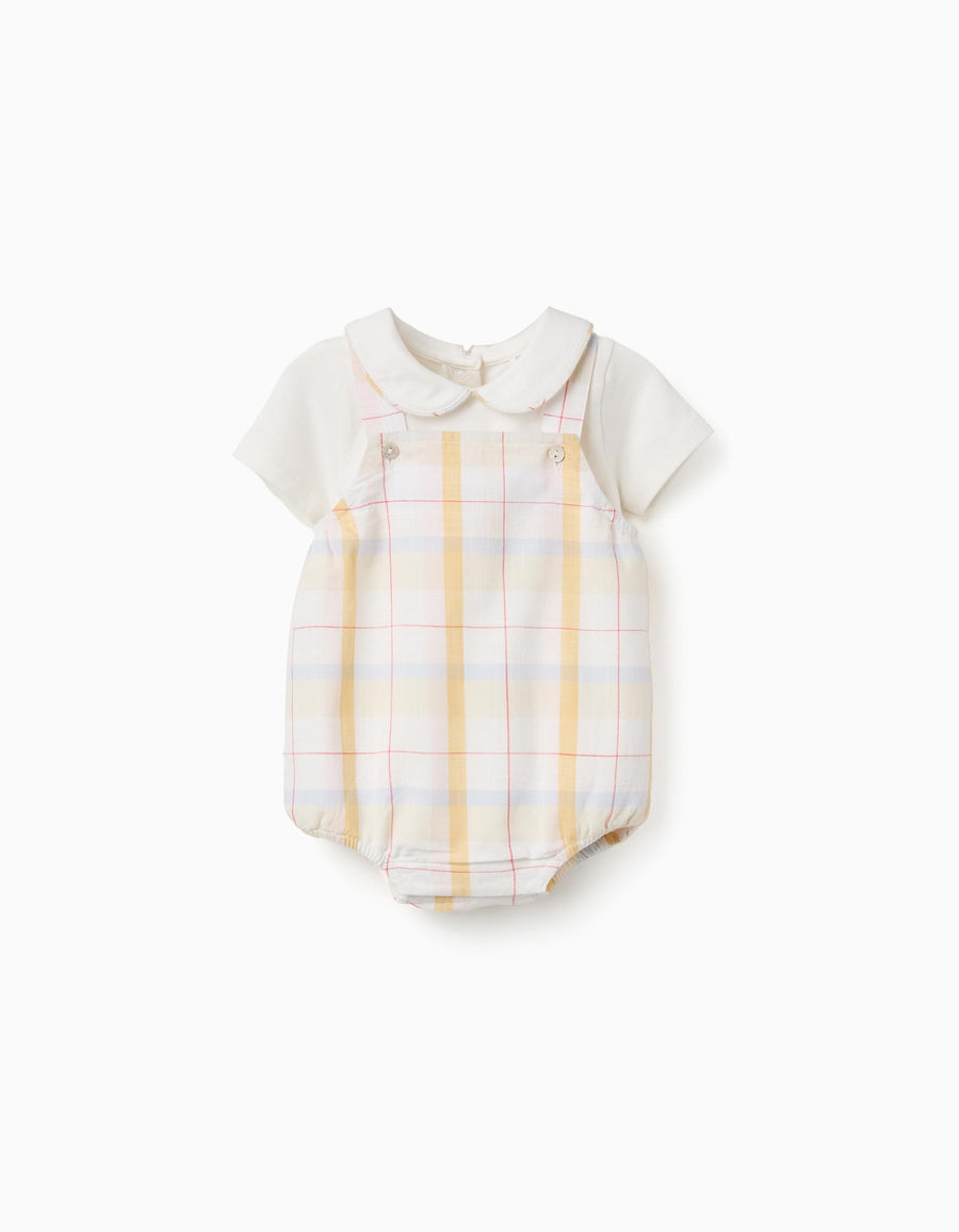 Cotton bodysuit + checked romper B&S for newborn boys, multicolour