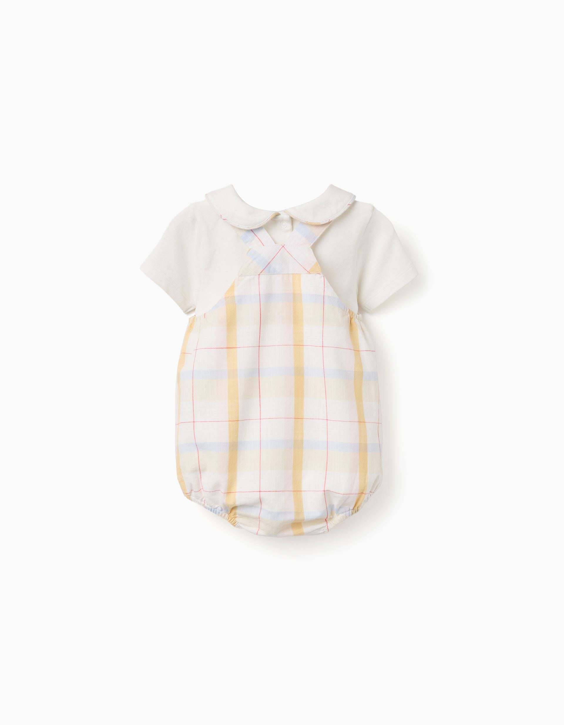 Cotton bodysuit + checked romper B&S for newborn boys, multicolour