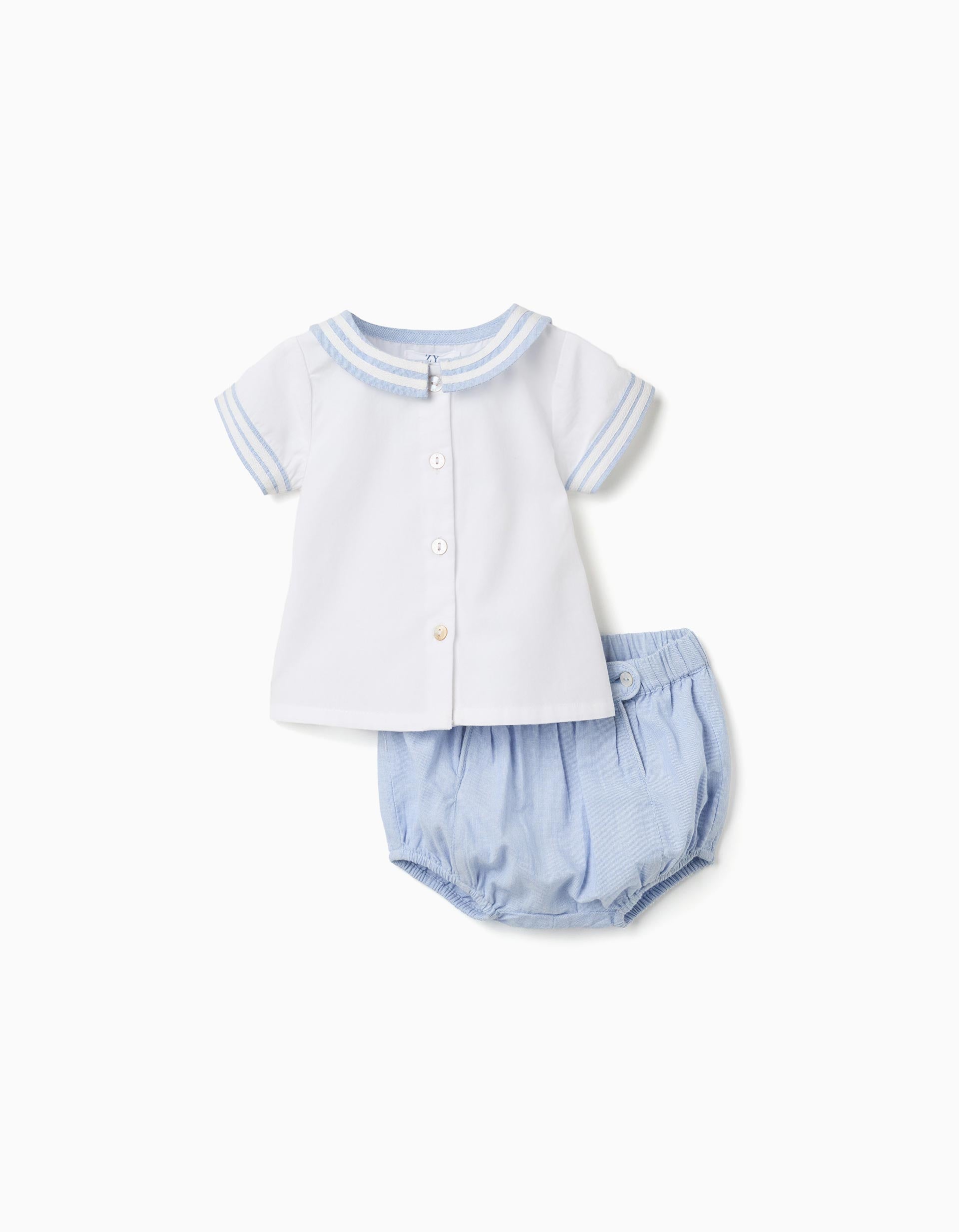 Camisa de manga curta + calções para recém-nascido, azul-claro/branco