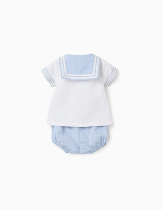 Camisa de manga curta + calções para recém-nascido, azul-claro/branco