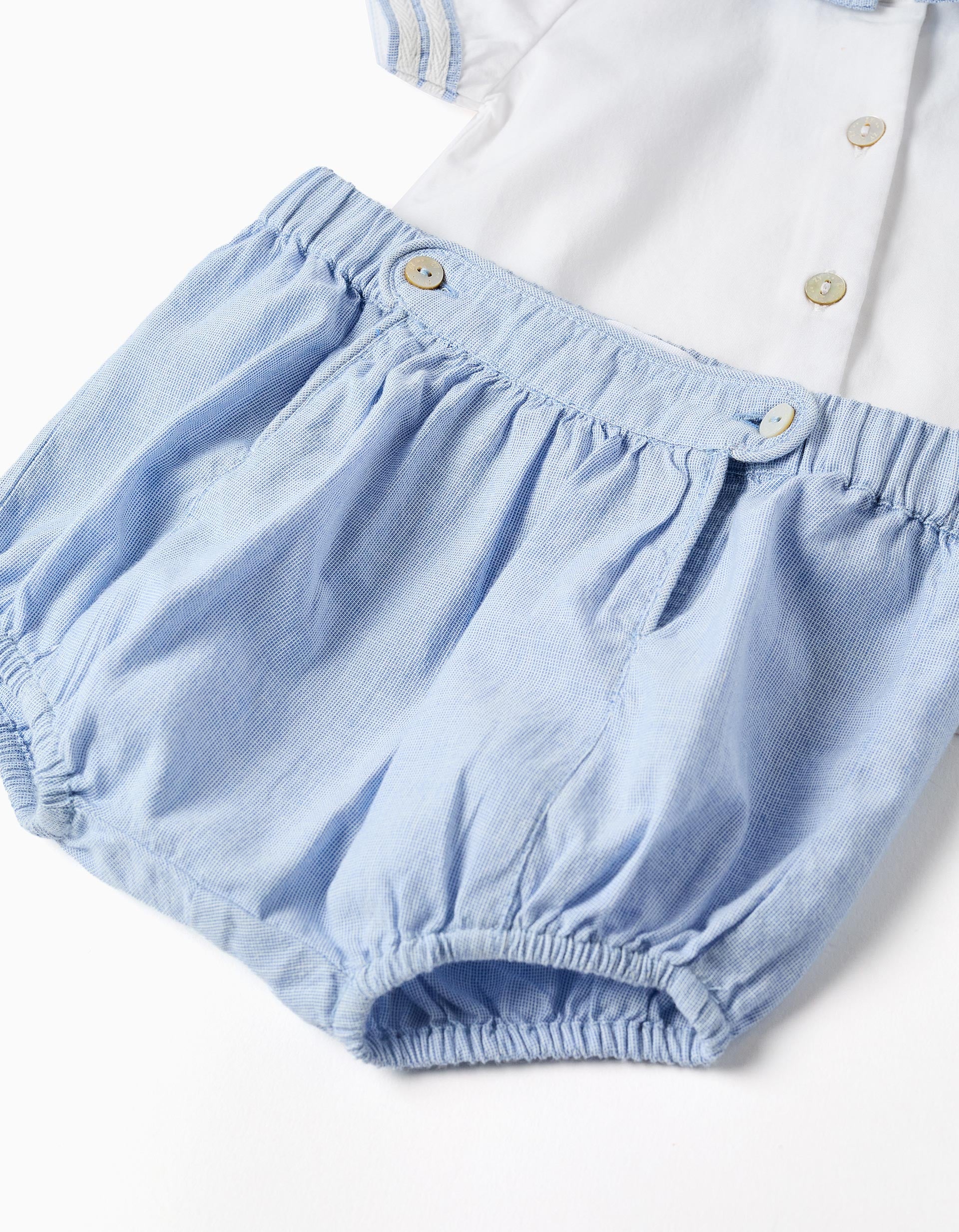 Camisa de manga curta + calções para recém-nascido, azul-claro/branco