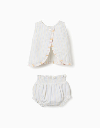 Striped cotton blouse + bloomers B&S for newborn girls, white/yellow/blue