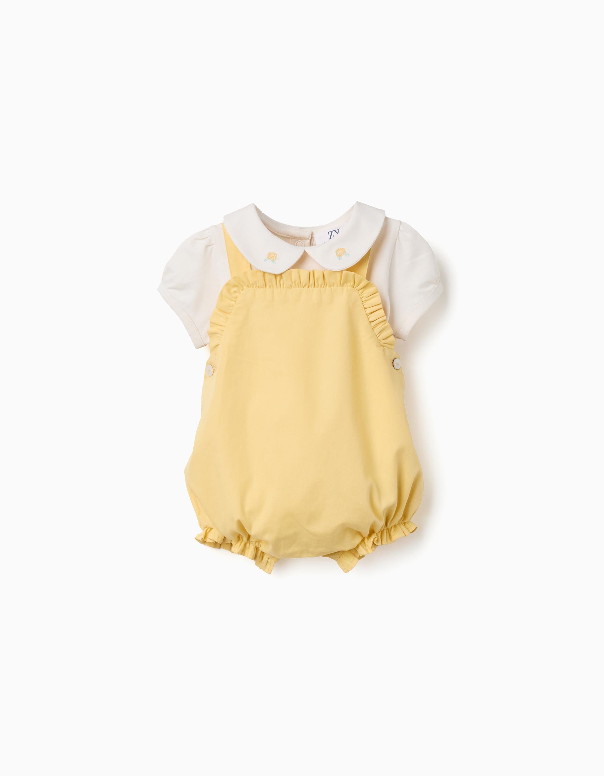 Cotton bodysuit and romper set B&S for newborn girls, yellow/beige