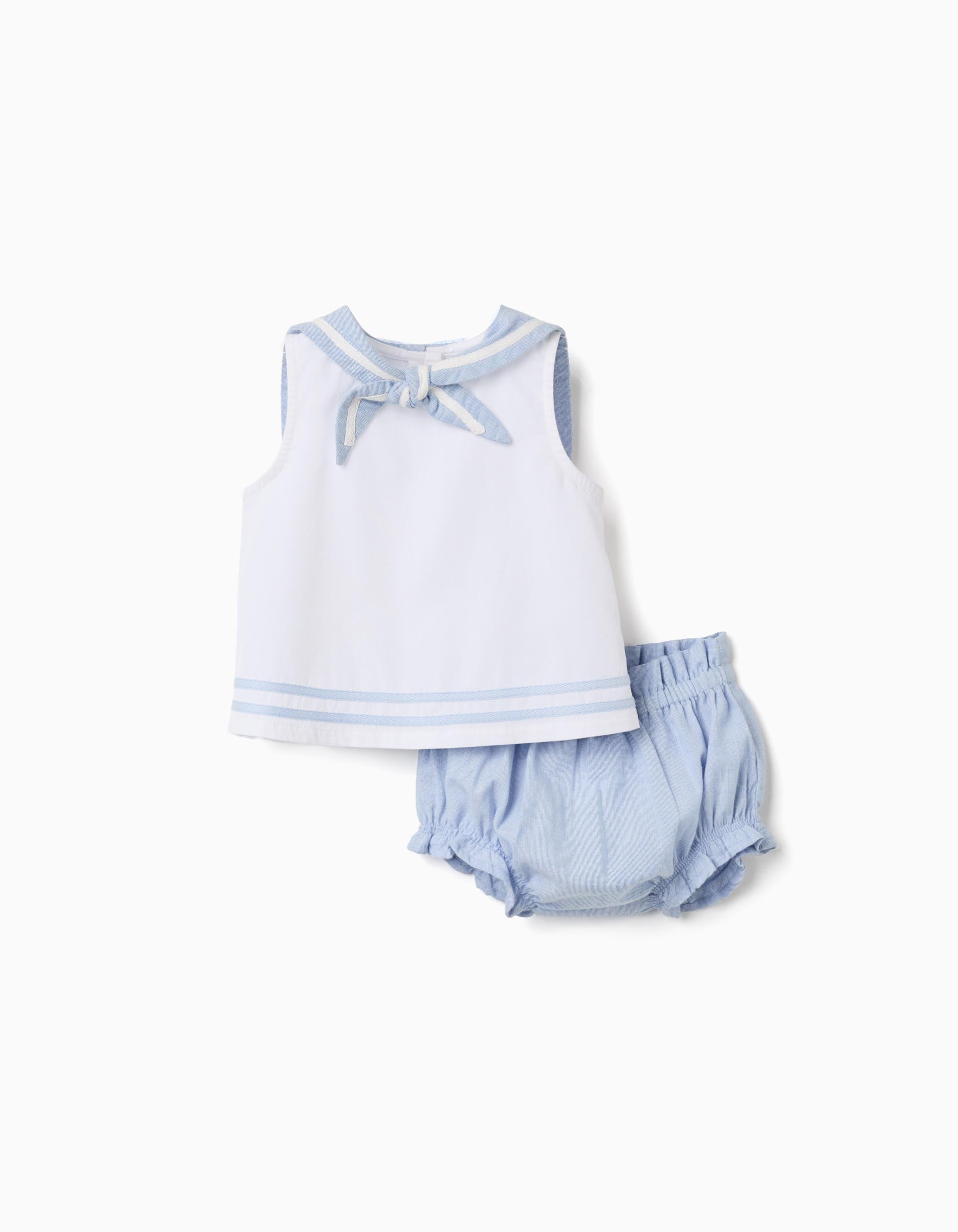 Blusa sin mangas + cubrepañal para recién nacida, azul claro/blanco