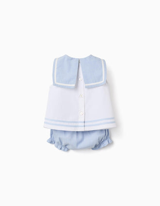 Blusa sem mangas + tapa-fraldas para recém-nascida, azul-claro/branco