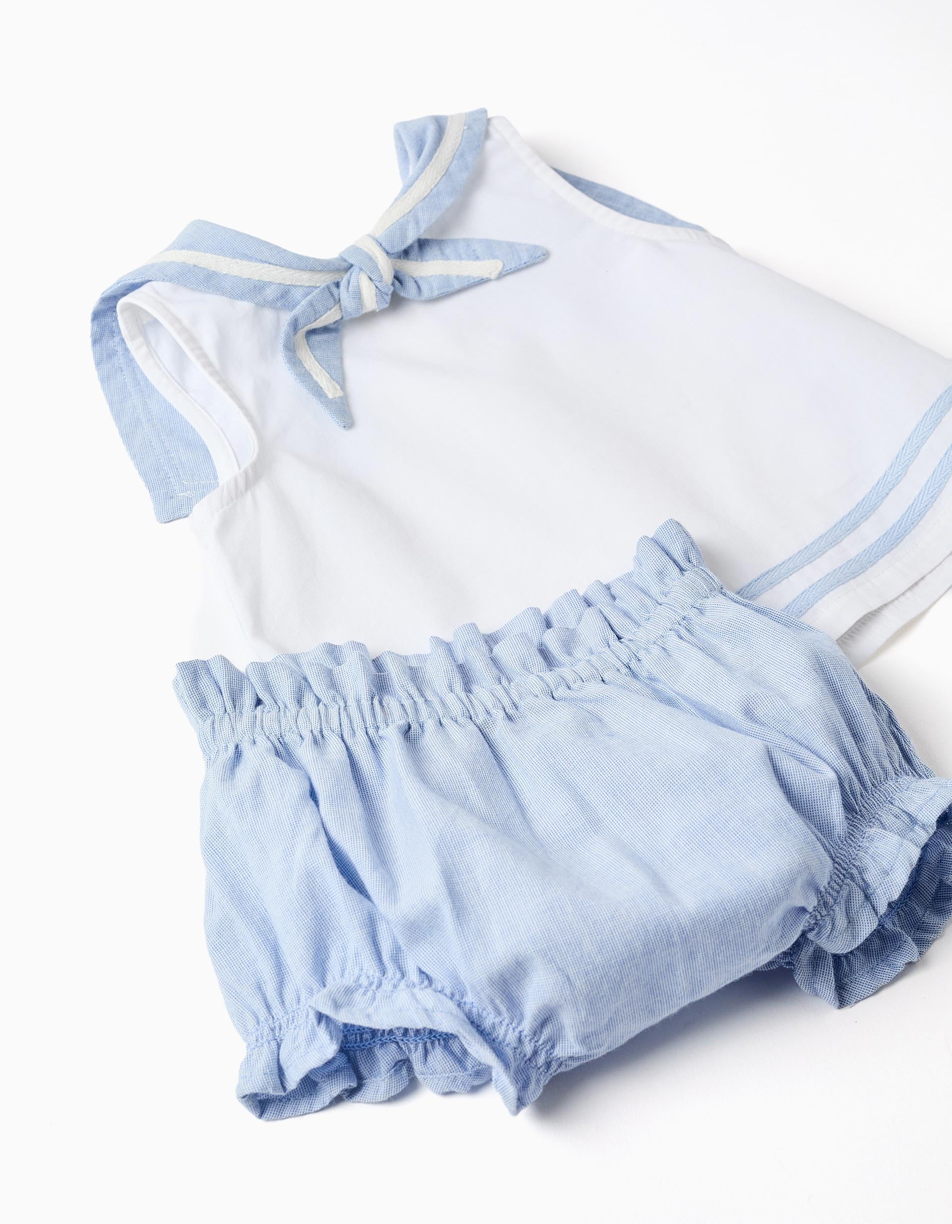 Blusa sin mangas + cubrepañal para recién nacida, azul claro/blanco