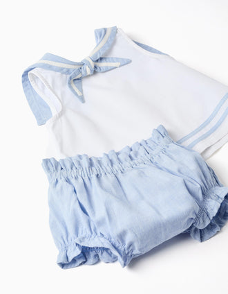 Blusa sem mangas + tapa-fraldas para recém-nascida, azul-claro/branco