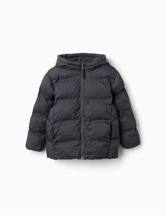 Hooded thermal quilted jacket with pockets for boys, dark grey