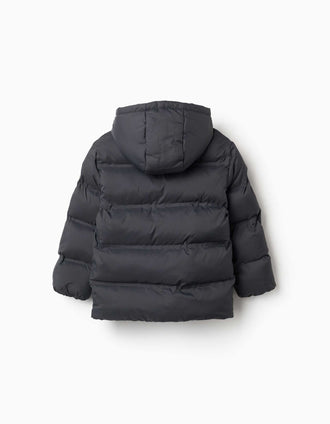 Hooded thermal quilted jacket with pockets for boys, dark grey