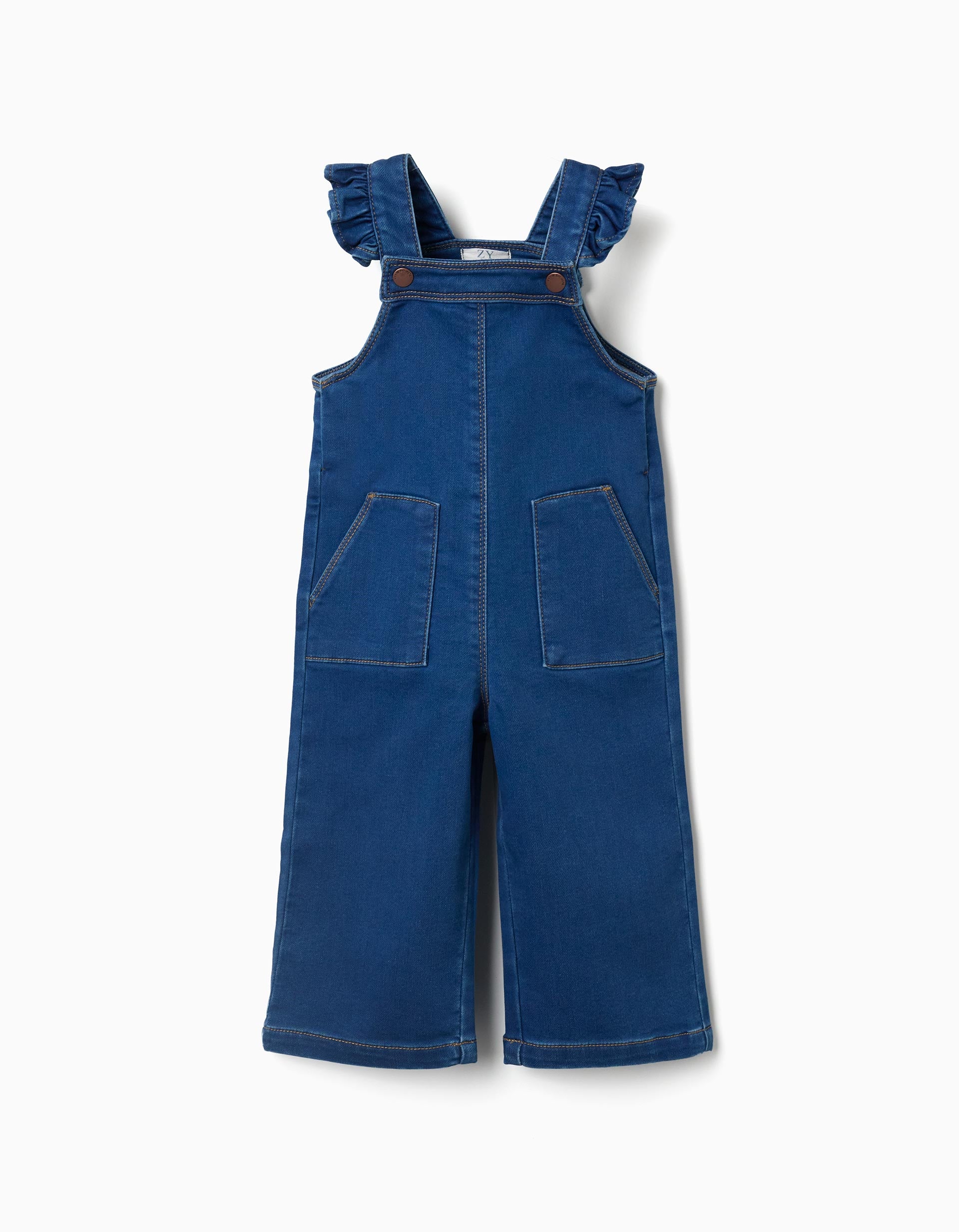 Wide leg denim dungarees with pockets for baby girls, blue