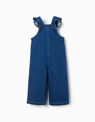 Wide leg denim dungarees with pockets for baby girls, blue