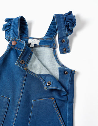 Wide leg denim dungarees with pockets for baby girls, blue