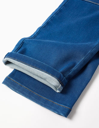 Wide leg denim dungarees with pockets for baby girls, blue