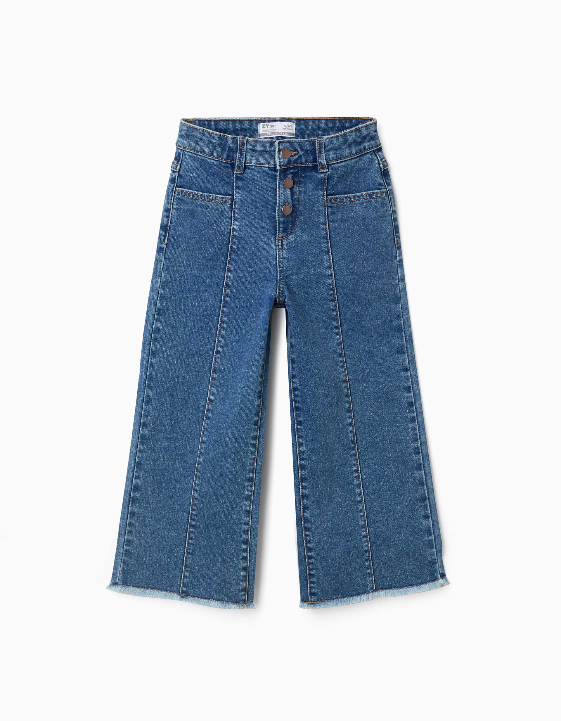 Jean à jambe large avec ourlets effilochés pour fille, bleu