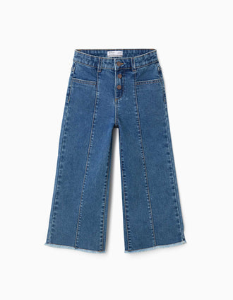 Jean à jambe large avec ourlets effilochés pour fille, bleu