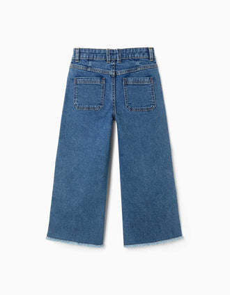 Jean à jambe large avec ourlets effilochés pour fille, bleu