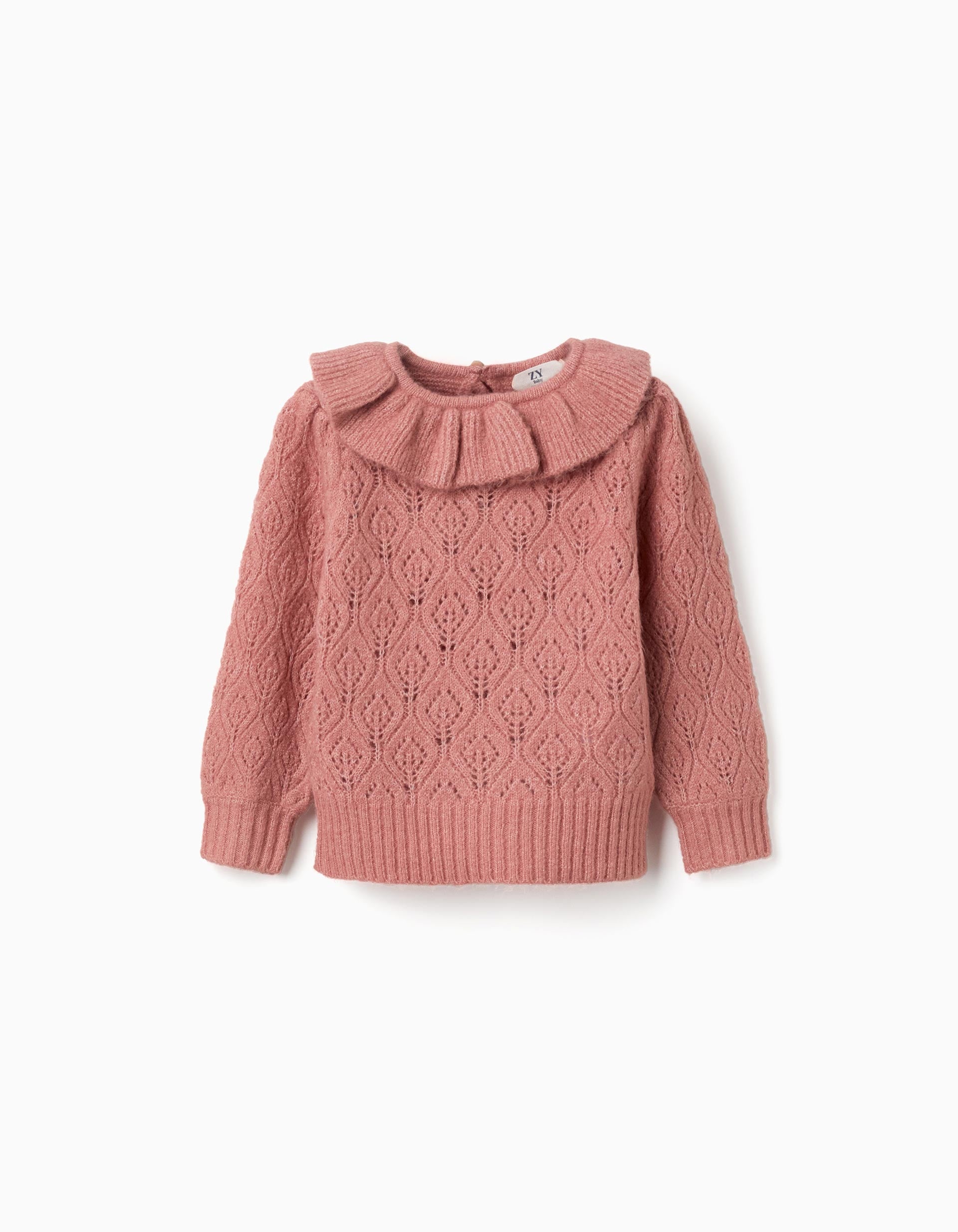 Pull en maille ajourée avec col à volants pour bébé fille, rose