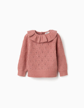 Pull en maille ajourée avec col à volants pour bébé fille, rose