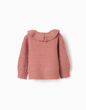 Pull en maille ajourée avec col à volants pour bébé fille, rose