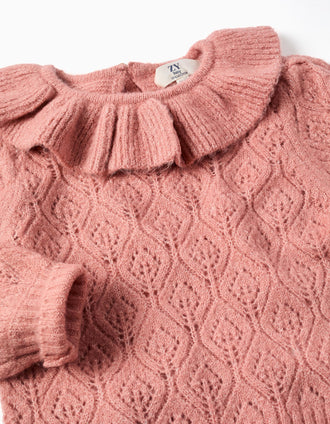 Pull en maille ajourée avec col à volants pour bébé fille, rose