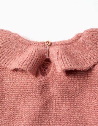 Pull en maille ajourée avec col à volants pour bébé fille, rose