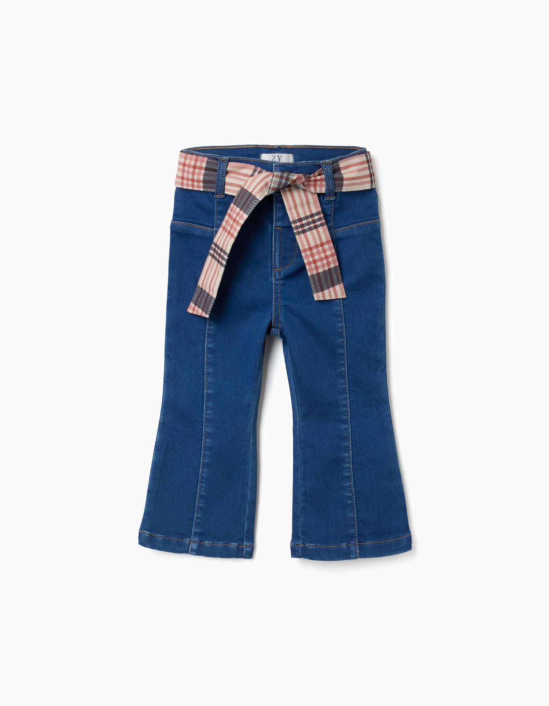 Jean évasé avec poches et ceinture à carreaux pour bébé fille, bleu